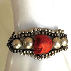 Silver tone red skeleton black cord bracelet